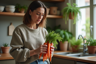 Femme examinant des carottes biologiques dans sa cuisine