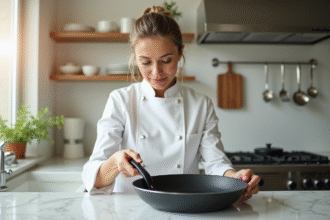Femme en chef inspectant un poêle antiadhésif moderne