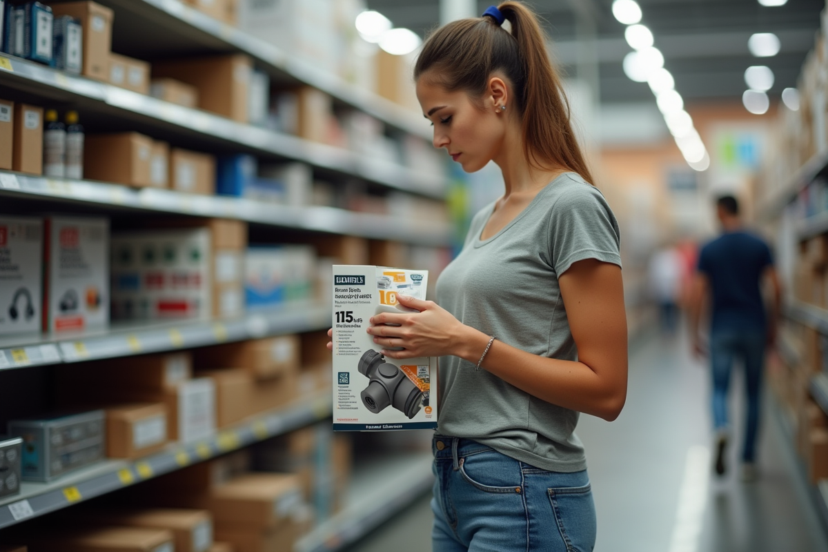 Femme choisissant un siphon dans un magasin de bricolage