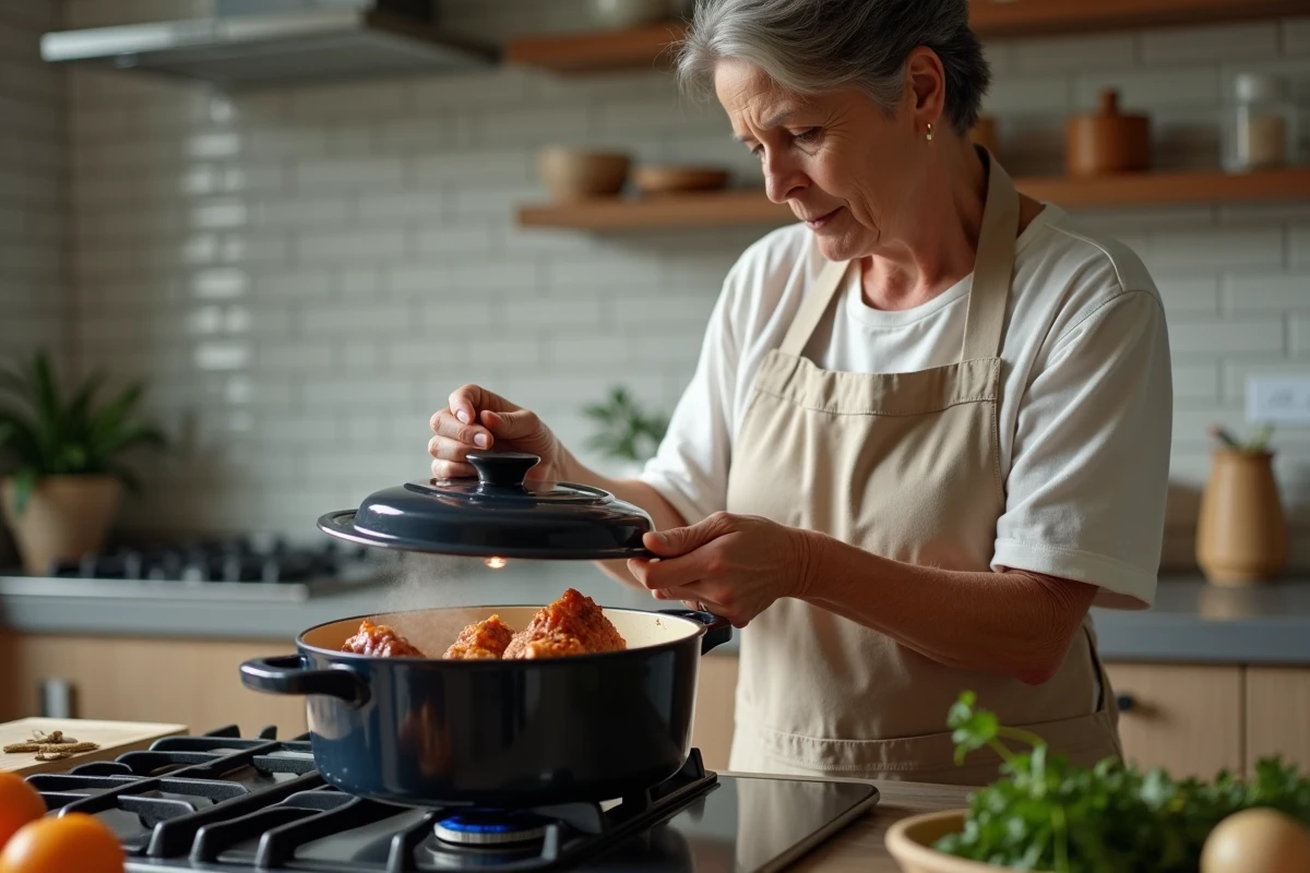 Femme soulevant le couvercle d'une cocotte émaillée contenant des cuisses de canard braisées sur une cuisinière à gaz
