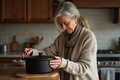 Femme inspectant une cocotte en fonte dans la cuisine