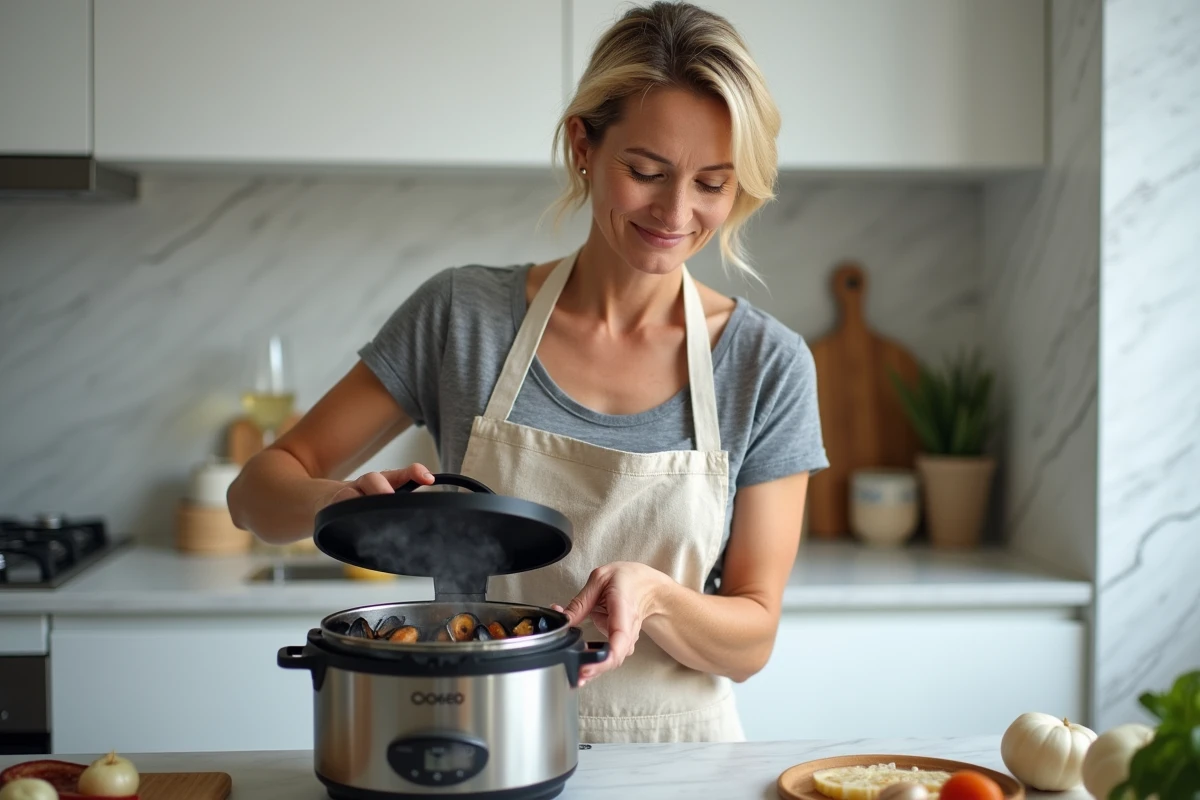 Femme soulevant le couvercle d'un Cookeo rempli de moules cuites à la vapeur dans une cuisine moderne