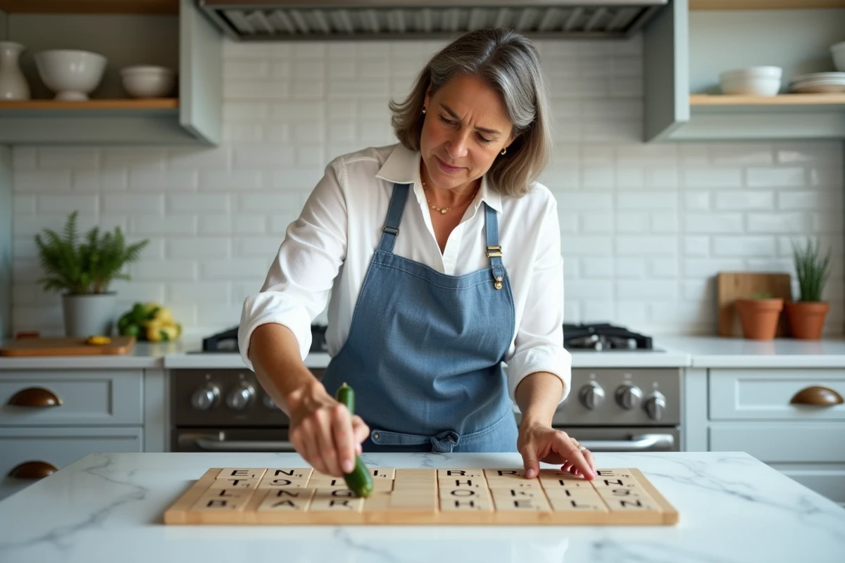 Femme tenant une courgette devant des lettres de jeu de société pour illustrer les légumes en V