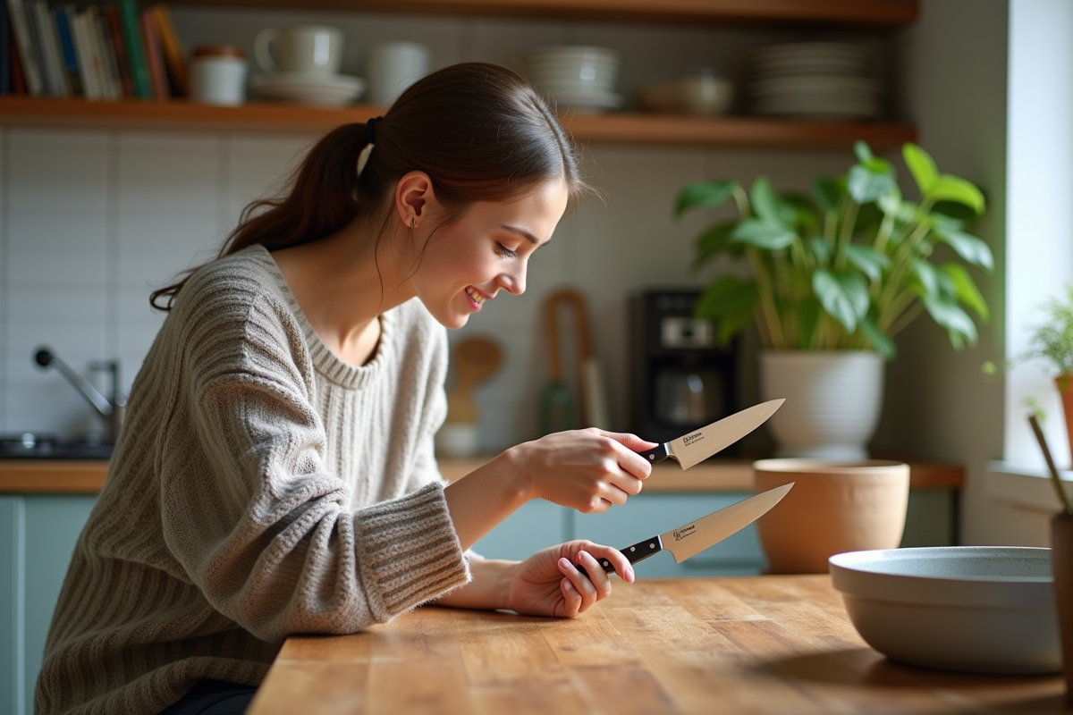 Jeune femme compare deux couteaux de cuisine dans une ambiance chaleureuse