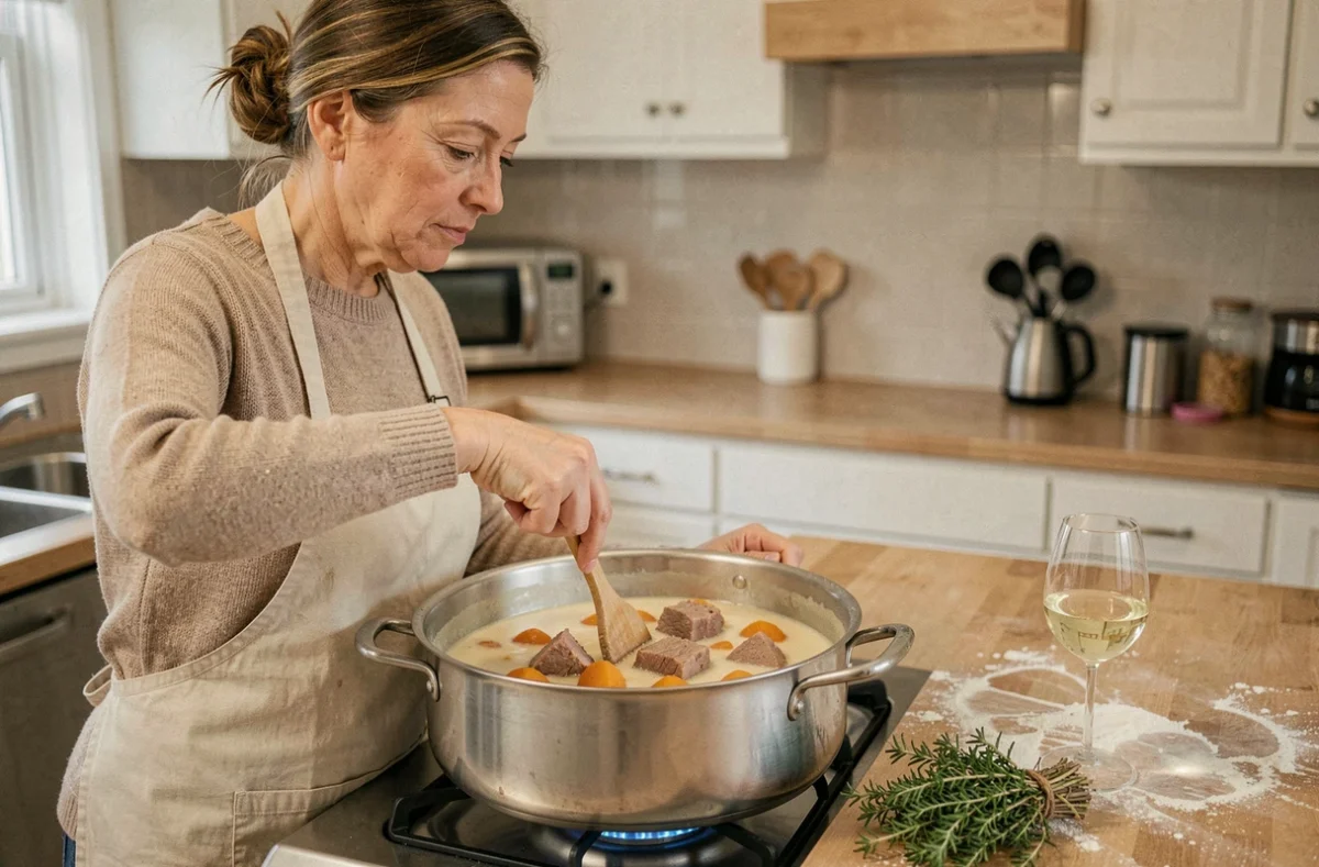 Femme cuisinant une blanquette de veau économique dans une grande casserole sur sa cuisinière, ambiance cuisine familiale chaleureuse