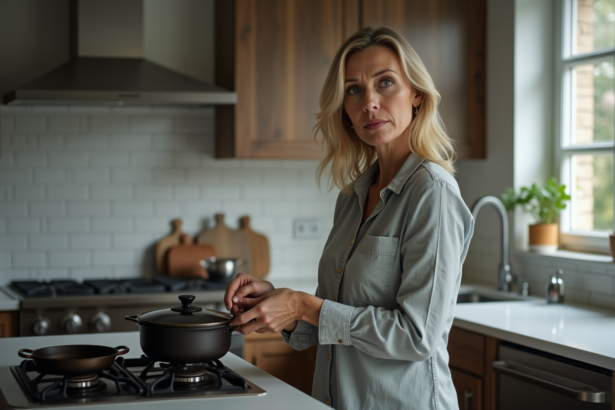 Femme regardant un set en fonte dans une cuisine moderne