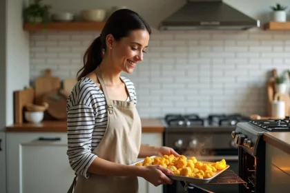 Femme cuisinant des fleurettes de chou-fleur rôties dorées dans un four de cuisine familiale