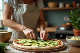 Femme en cuisine préparant une pizza à la courgette fraîche