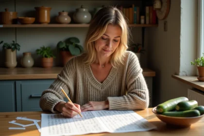 Femme française dans une cuisine chaleureuse résolvant un mot croisé
