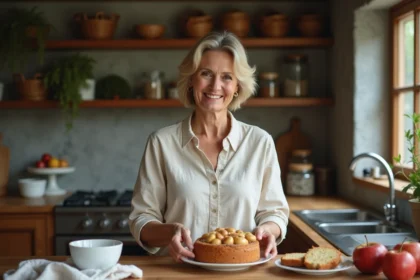 Femme souriante préparant un gâteau aux pommes dans la cuisine