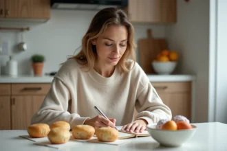 Femme examine des gâteaux faibles en calories dans la cuisine