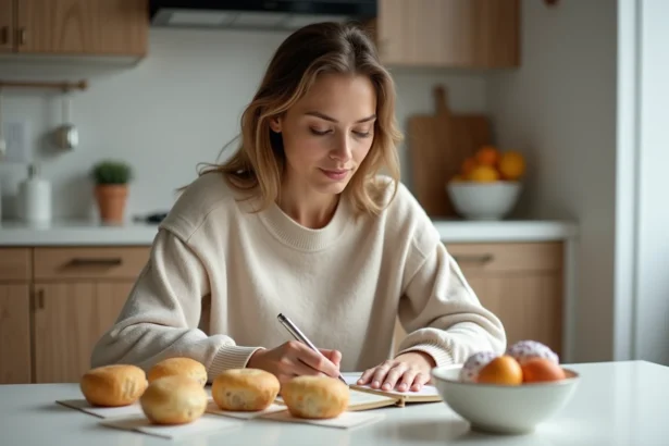 Femme examine des gâteaux faibles en calories dans la cuisine