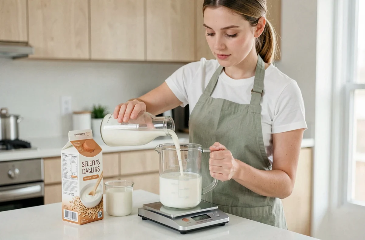 Femme versant du lait de vache dans un verre doseur sur une balance numérique affichant 125g, avec du lait d'avoine et de la crème posés sur un plan de travail en bois clair