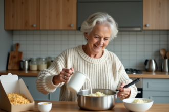 Femme d'âge moyen versant du lait dans une casserole en cuisine