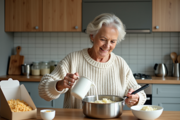 Femme d'âge moyen versant du lait dans une casserole en cuisine