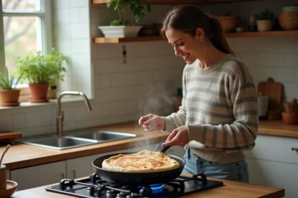 Femme retournant un pain dans une cuisine chaleureuse
