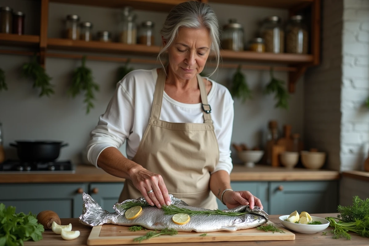 Femme en tablier préparant une papillote de truite entière à la cuisine avec herbes fraîches et ail