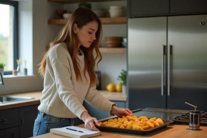 Femme vérifiant un plateau de patates frites surgelées dans la cuisine