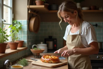 Femme en tablier coupant une paupiette de porc maison