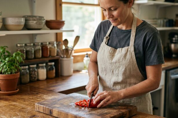 Femme qui coupe des légumes sur une grande planche à découper en bois bout dans une cuisine conviviale et chaleureuse