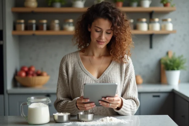 Femme lisant une recette sur tablette en cuisine
