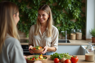 Jeune femme souriante avec bol de nourriture végétale dans une cuisine moderne