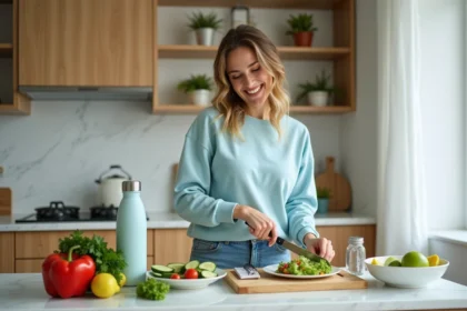 Femme souriante préparant une salade colorée dans la cuisine