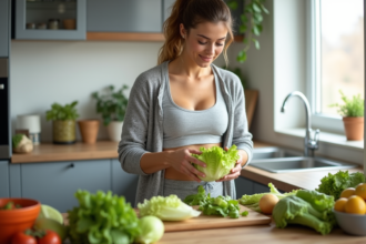 Jeune femme en cuisine prépare une salade fraîche