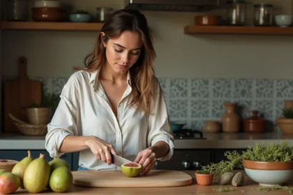 Jeune femme coupe un figuier indien dans la cuisine