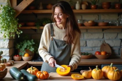 Femme souriante coupe un squash Bleu de Hongrie dans la cuisine