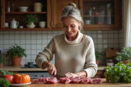 Femme tranchant du veau dans une cuisine chaleureuse