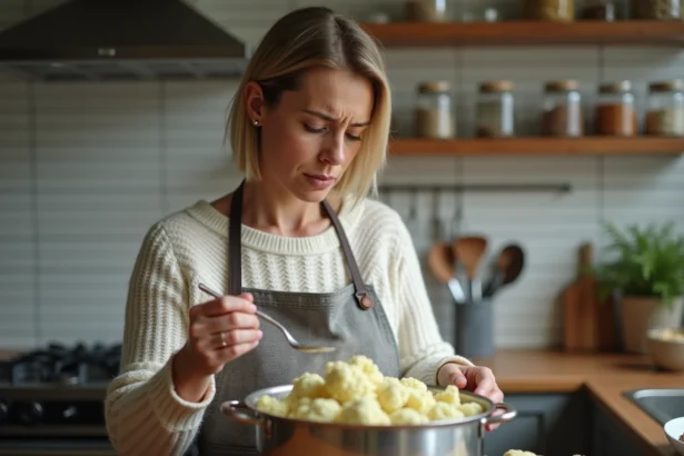 Femme en cuisine vérifiant la tendreté du chou-fleur vapeur