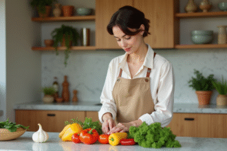 Femme arrangeant légumes colorés dans une cuisine moderne