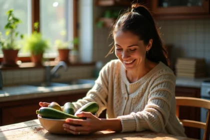 Femme souriante cuisine zucchinis et zapote dans une cuisine chaleureuse