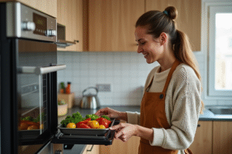 Femme en cuisine plaçant des légumes dans un four vapeur moderne