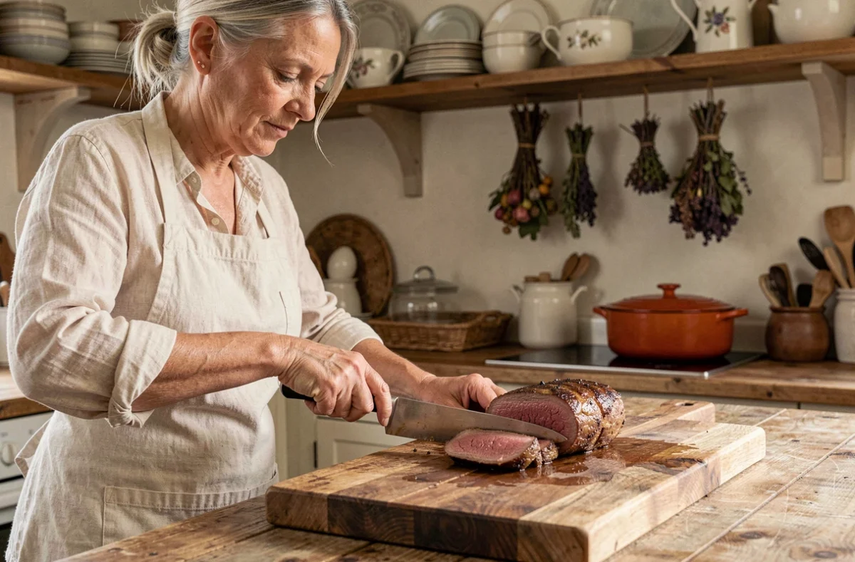 Femme en tablier de lin découpant un filet mignon rosé cuit au four sur une planche en bois dans une cuisine campagnarde française