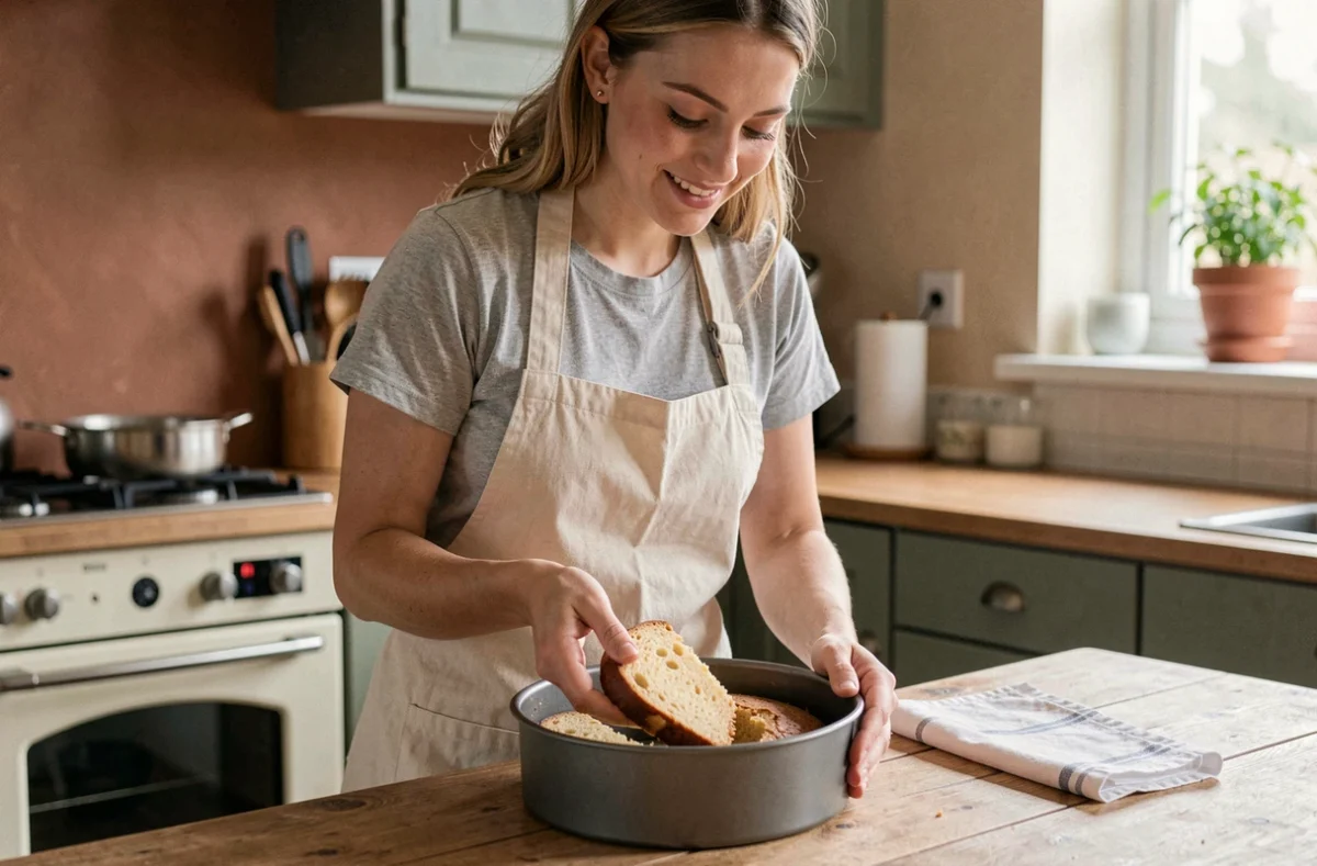 Femme souriante découpant un pain de Gênes sans beurre dans un moule rond dans une cuisine chaleureuse