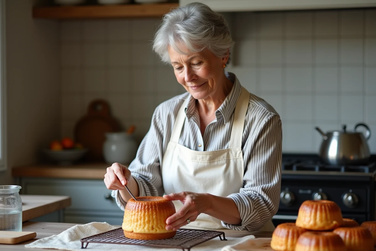 Femme française démoulant un canelé d'un moule en cuivre dans une cuisine traditionnelle bordelaise