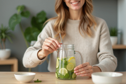 Femme préparant une eau detox dans la cuisine chaleureuse