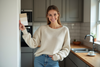 Femme souriante tenant un échantillon de peinture dans une cuisine moderne