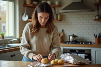 Femme en cuisine emballant des pommes de terre crues