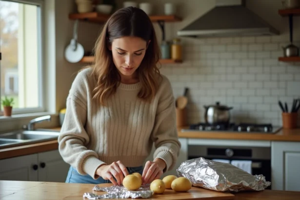 Femme en cuisine emballant des pommes de terre crues