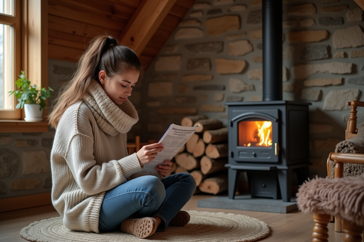 Jeune femme lit notice d entretien de poele a pellet