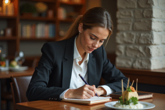 Femme élégante prenant des notes dans un restaurant chic