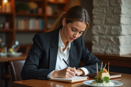 Femme élégante prenant des notes dans un restaurant chic