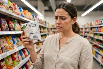 Femme lisant l'étiquette nutritionnelle d'un gâteau industriel peu calorique dans un supermarché