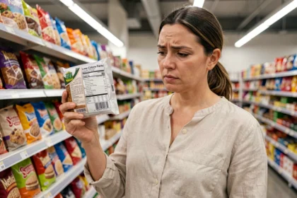 Femme lisant l'étiquette nutritionnelle d'un gâteau industriel peu calorique dans un supermarché