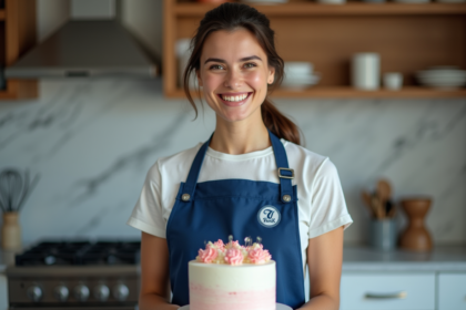 Jeune femme en cuisine avec un gâteau décoré