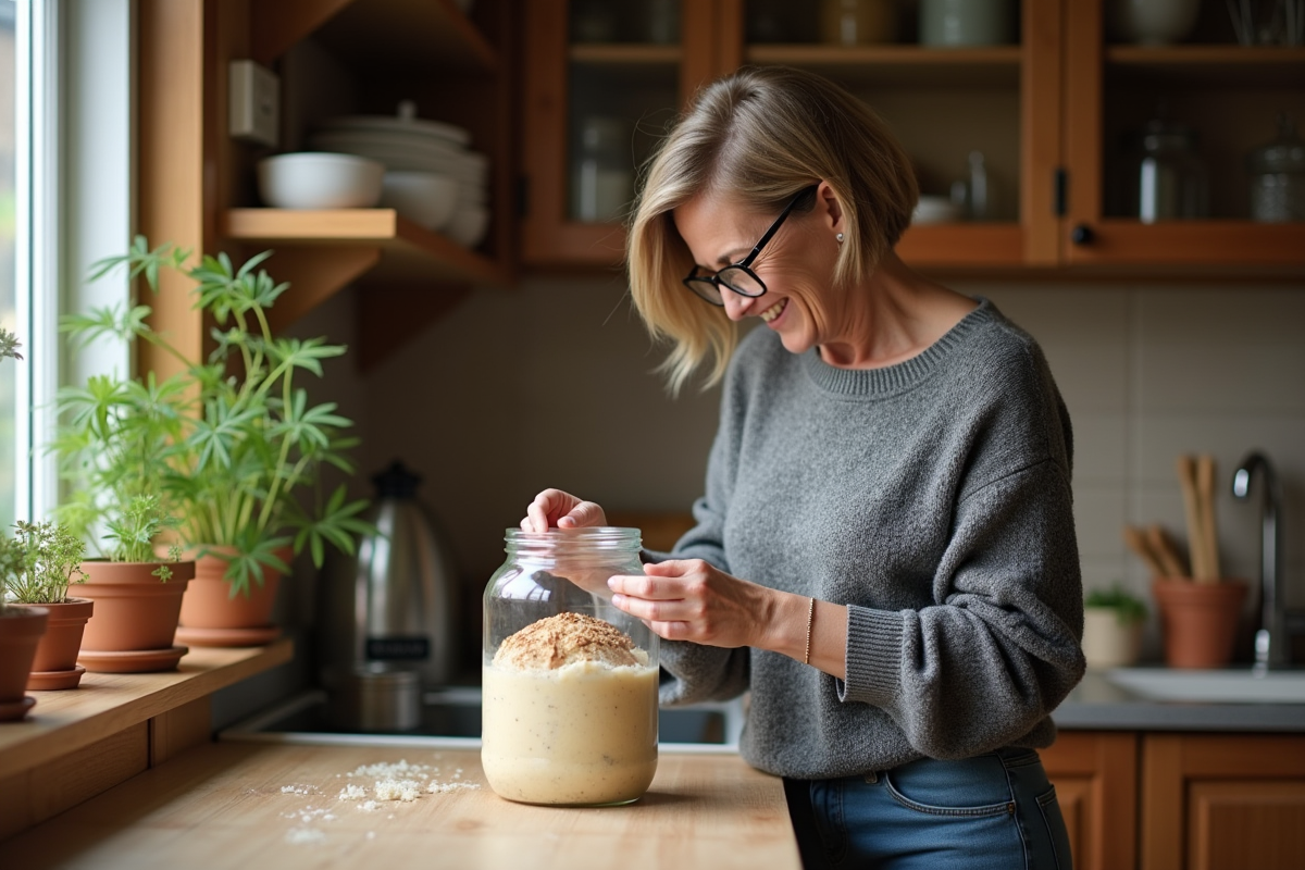 Femme étiquetant un pot de levain maison dans la cuisine