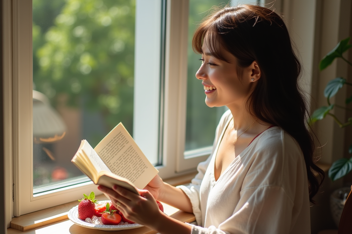 Jeune femme lisant avec fruits et glace au soleil